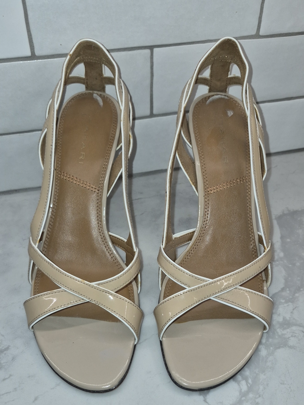 Tahari Beige Leather Strappy Slingback Sandals